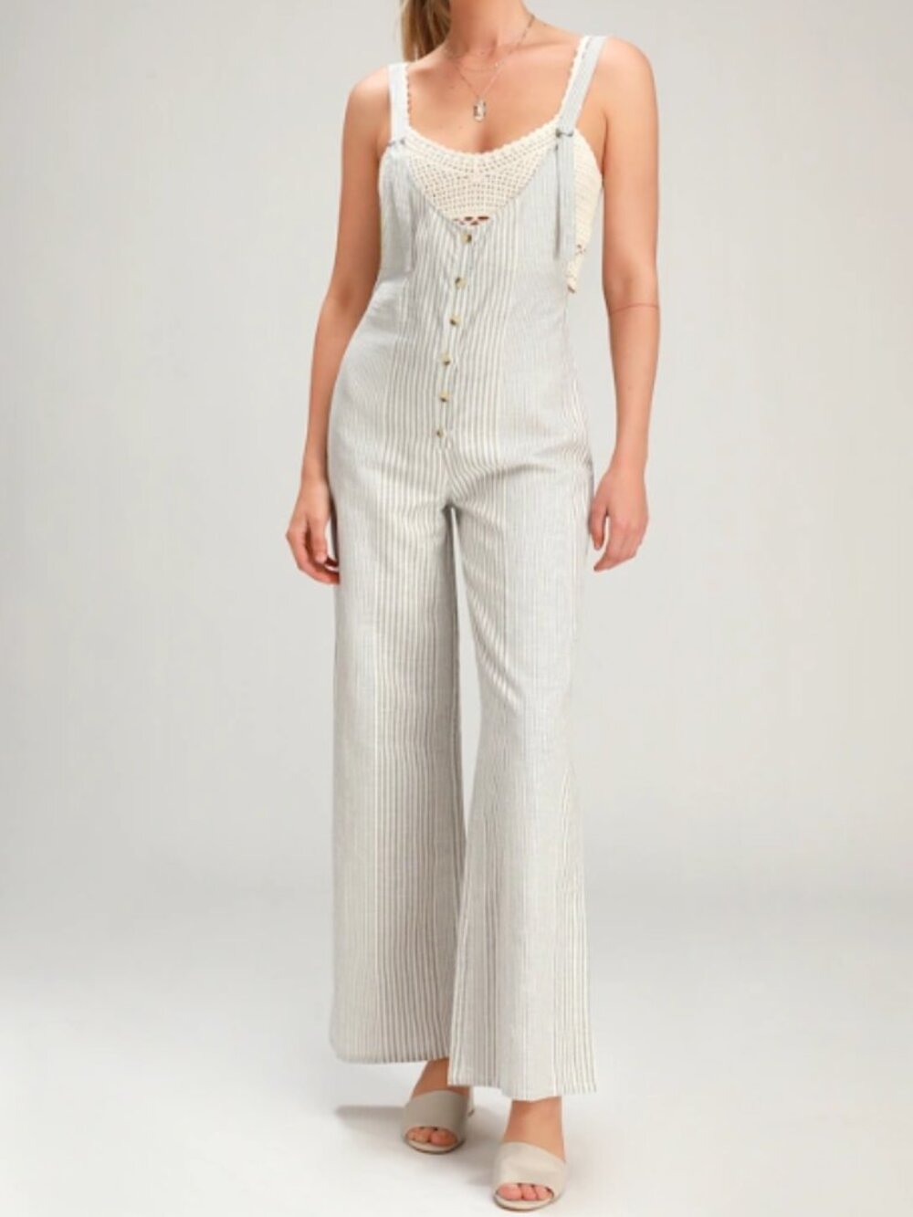 Amuse Society Fina Striped Linen Cotton Wide Leg Overall Jumpsuit Size S